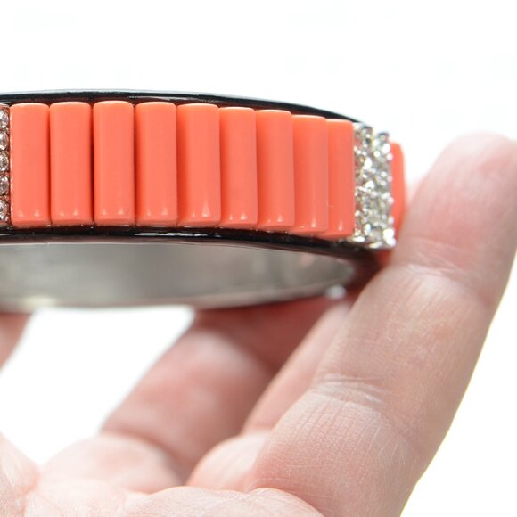 KJL Kenneth Jay Lane Black Enamel Crystal & Coral Slip-On Bangle Bracelet - Picture 3 of 5